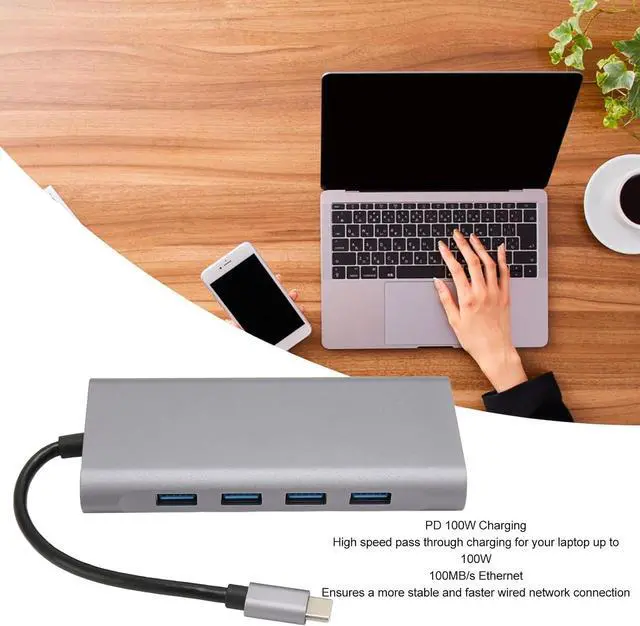 Alt view image 2 of 7 - 11 in 1 USB C Hub Multiport Adapter, 4 X USB3.0, HD 4K VGA, RJ45 Ethernet, PD Charging, 3.5mm Sound, USB C Docking Station with 5Gbps Data Transfer, Card Slot and PD100W Charging