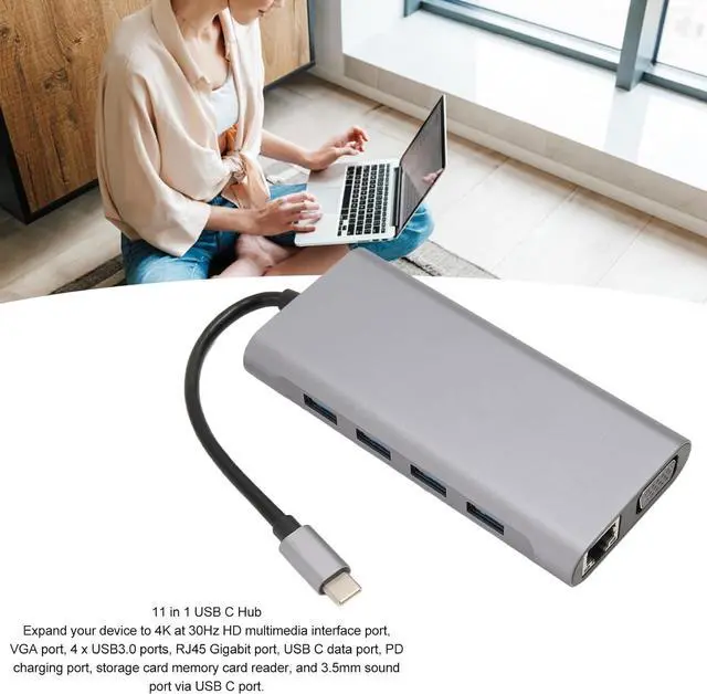Alt view image 3 of 7 - 11 in 1 USB C Hub Multiport Adapter, 4xUSB3.0 HD 4K VGA RJ45 Ethernet PD Charging 3.5mm Sound, Deep Sky Gray Aluminum Alloy Docking Station for Laptops