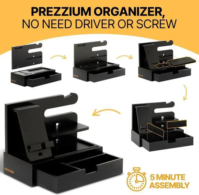 Alt view image 3 of 6 - PREZZIUM Wood Phone Docking Station, Nightstand Organizer, Gifts for Men and Women, Gadgets for Men, Bedroom Organization, Cell Phone Stand Key Holder Wallet Stand, Phone Docking Station