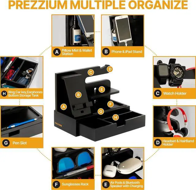 Alt view image 4 of 6 - PREZZIUM Wood Phone Docking Station, Nightstand Organizer, Gifts for Men and Women, Gadgets for Men, Bedroom Organization, Cell Phone Stand Key Holder Wallet Stand, Phone Docking Station