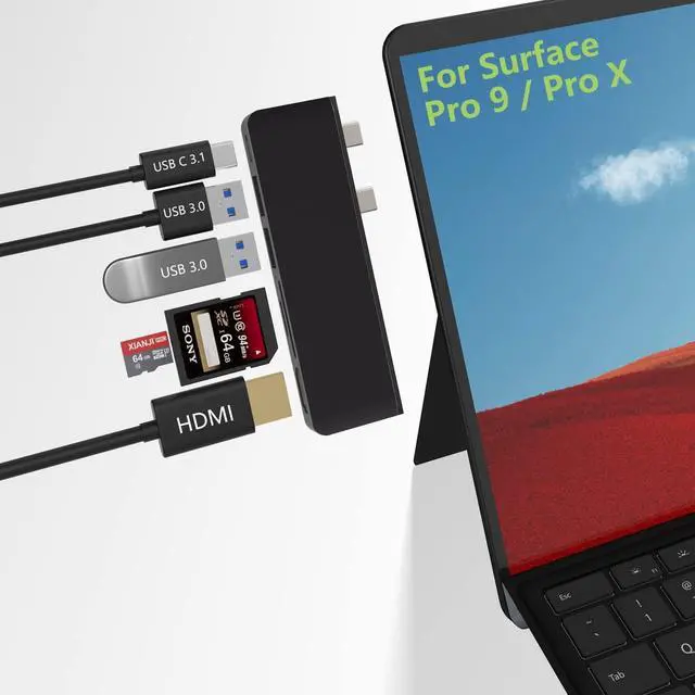 Main image of Surface Pro X Hub, 6 in 2 Laptop Docking Station USB C Display Port, with 4K HDMI, USB 3.1 10Gbps and 2 USB 3.0 5Gbps Data Ports, SD/TF Card Reader, Lightweight and Portable, Plug and Play