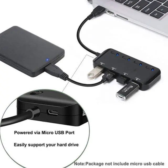 Alt view image 4 of 7 - USB 3.0 Hub Docking Station USB Extender One for Four USB Ultra-Thin Data Hub Notebook Desktop Computer External Independent Power Switch and LED Black
