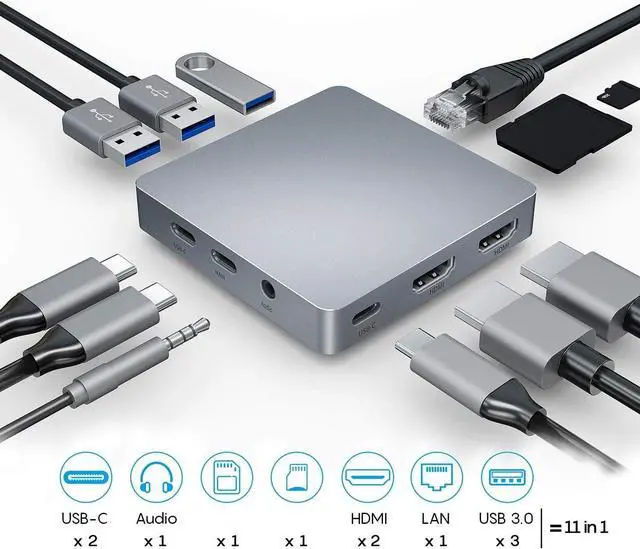 Alt view image 6 of 7 - USB C Adapter Docking Station USB C HUB Type-C 11-in-1 with Dual 4K Gigabit Ethernet Ports for and USB C Laptops Phone