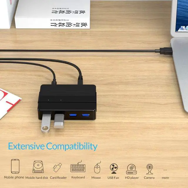 Alt view image 7 of 7 - USB Hub USB3.0 Four-in-One Docking Station 12V External Power Supply Network Hub High-Speed Transmission for Windows XP/Vista / 7/8/10 / Linux/Mac OS