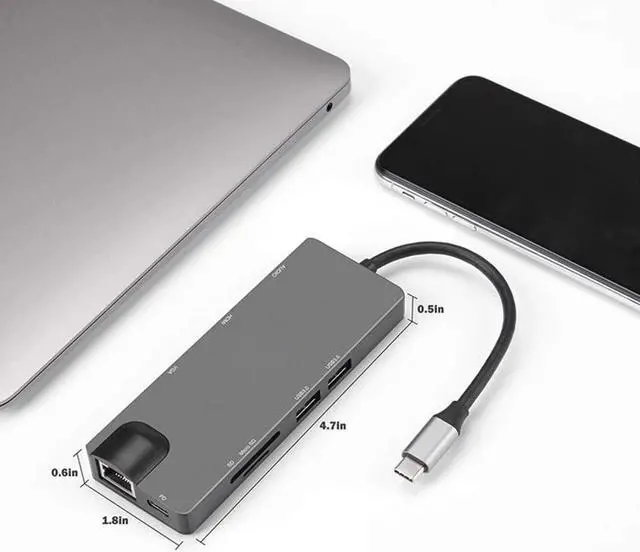 Alt view image 2 of 7 - USB C Hub 9 in 1Adapter with 4K HDMI Type C Docking Station, 2 USB3.0, PD Charging Port, SD/TF Card Reader, RJ Network Port 3.5 Audio Port USB C Device