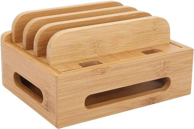 Main image of Bamboo Wooden Charging Station for Multiple Device Holder Desktop Docking Stations Organizer Stand for Phone Pad Watch Tablet