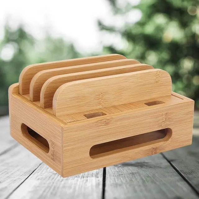 Alt view image 3 of 7 - Bamboo Wooden Charging Station for Multiple Device Holder Desktop Docking Stations Organizer Stand for Phone Pad Watch Tablet
