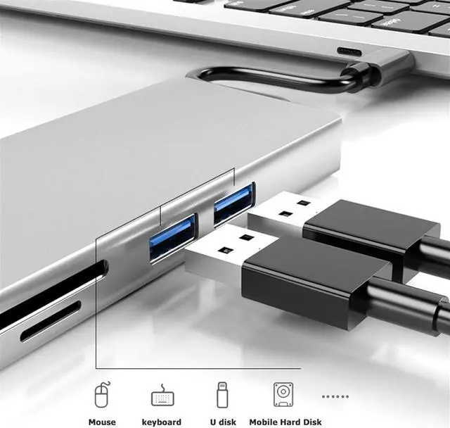 Alt view image 5 of 6 - CRFYJ Laptop Docking Station Power Adapter HW-TC12 8 in 1 USB Hub Type C to 2 USB 3.0 HDMI-Compatible VGA RJ45 PD Card Reader Adapter