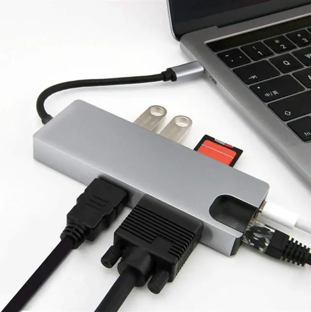 Alt view image 4 of 6 - CRFYJ Laptop Docking Station Power Adapter HW-TC12 8 in 1 USB Hub Type C to 2 USB 3.0 HDMI-Compatible VGA RJ45 PD Card Reader Adapter