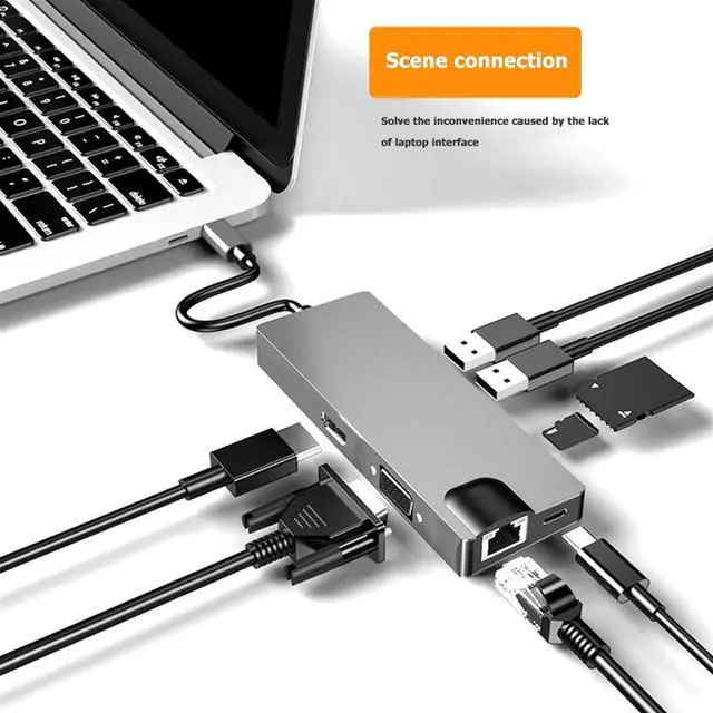 Alt view image 3 of 6 - CRFYJ Laptop Docking Station Power Adapter HW-TC12 8 in 1 USB Hub Type C to 2 USB 3.0 HDMI-Compatible VGA RJ45 PD Card Reader Adapter