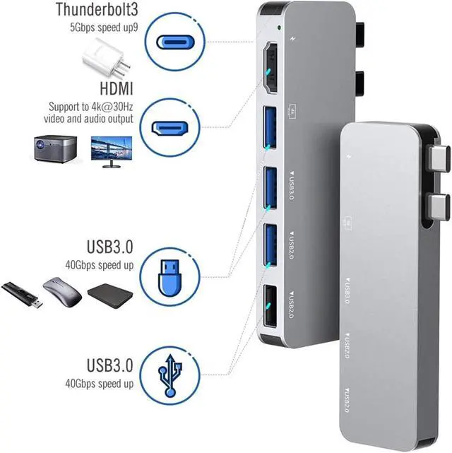 Alt view image 4 of 6 - CRFYJ USB Docking Station 6 in 1 4K HDMI Output Adapter Type C Dual Hub 4USB +HDMI+PD Ports Hub Adapter for Laptop D30
