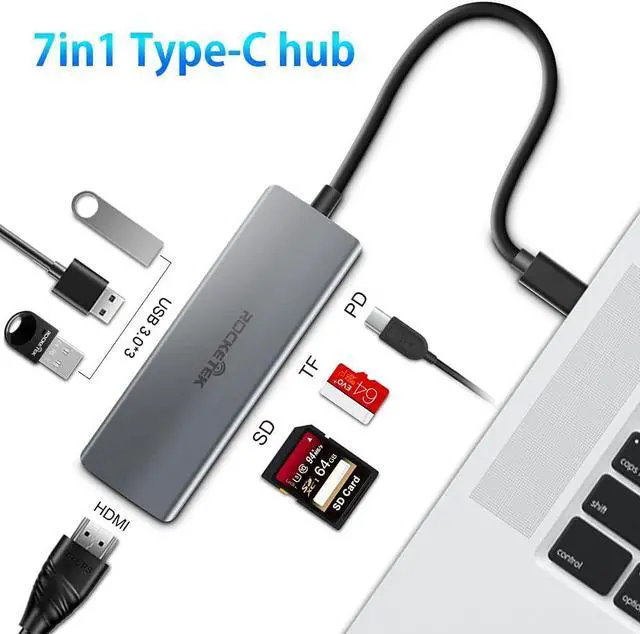 Alt view image 2 of 7 - USB C Hub, Takya USB C HDMI Adapter 7 in 1 Type C Hub with 4K USB C to HDMI, 3 USB 3.0 Ports, SD TF Card Reader, USB-C Charging Port Compatible for MacBook, iMac, Surface, Chromebook, Galaxy, XPS etc