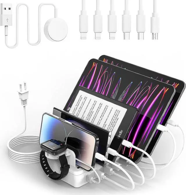 Main image of Charging Station Multiple Charger Station - 6-Port USB Fast Charging Dock Organizer Station with 50W Adapter& Watch Charger for iPhone|Android Cell Phone|iPad|Kindle|Watch|Tablet