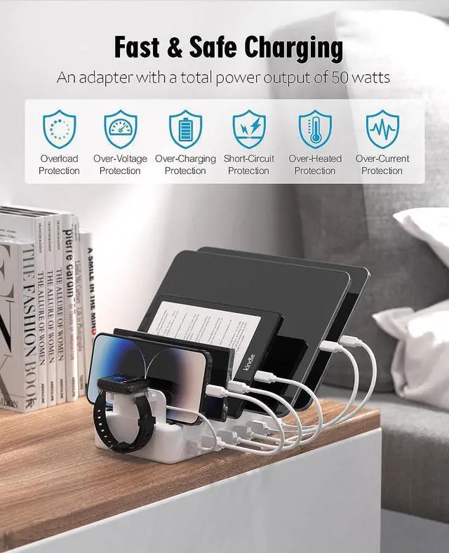 Alt view image 2 of 7 - Charging Station Multiple Charger Station - 6-Port USB Fast Charging Dock Organizer Station with 50W Adapter& Watch Charger for iPhone|Android Cell Phone|iPad|Kindle|Watch|Tablet