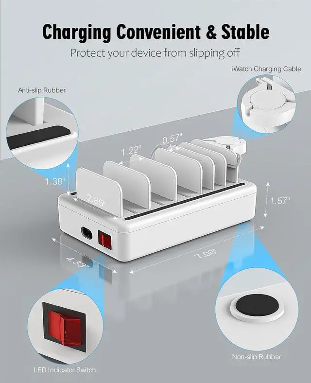 Alt view image 3 of 7 - Charging Station Multiple Charger Station - 6-Port USB Fast Charging Dock Organizer Station with 50W Adapter& Watch Charger for iPhone|Android Cell Phone|iPad|Kindle|Watch|Tablet