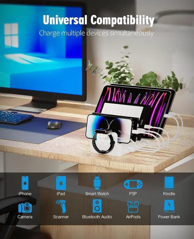 Alt view image 5 of 7 - Charging Station Multiple Charger Station - 6-Port USB Fast Charging Dock Organizer Station with 50W Adapter& Watch Charger for iPhone|Android Cell Phone|iPad|Kindle|Watch|Tablet