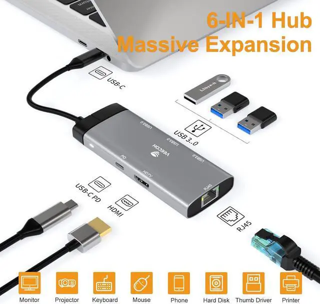 Alt view image 2 of 7 - VEECOH USB C Hub 6 in 1,Multiport Adapter USB C Dongle to 4K HDMI RJ45 Ethernet 1000Mbps USB 3.0 * 3 PD USB C Charger for MacBook Air/Pro XPS Laptop and Other Type C Devices