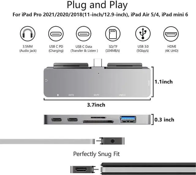 Alt view image 2 of 7 - iPad Pro USB C HUB, 7-in-1 iPad Adapter Docking Station with 4K HDMI, USB-C PD, SD/TF Card Reader, USB 3.0, 3.5mm Headphone Jack, for iPad Pro 2021 2020 12.9 11 inch iPad Air 5 4/iPad Mini 6