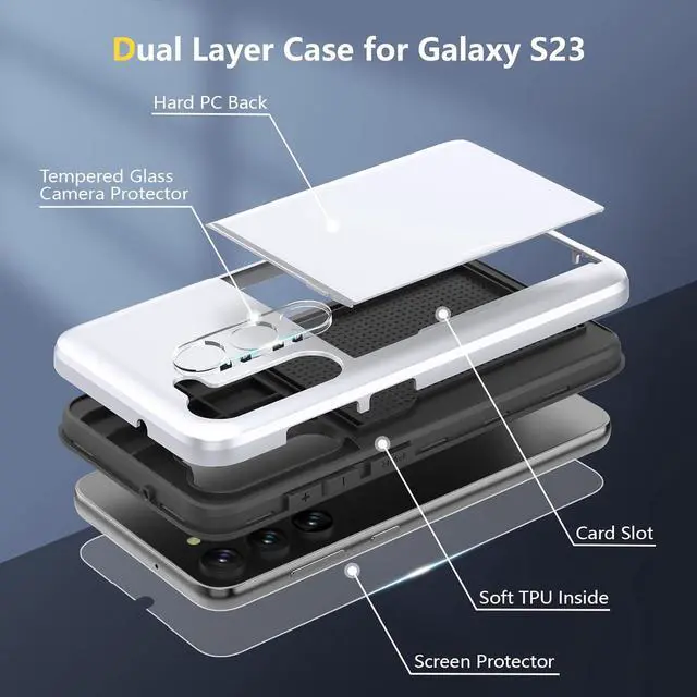Alt view image 5 of 7 - ZUSLAB Wallet Case Compatible with Samsung Galaxy S23 Card Holder Slot Shockproof Protective Cover [1 Piece Tempered Glass] [1 Glass Camera Lens Protection] White