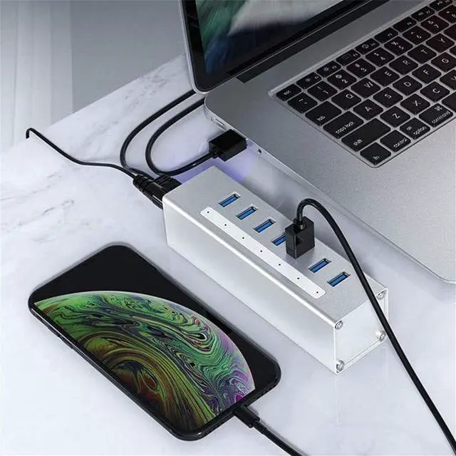 Alt view image 3 of 6 - WYKDL USB C Hub 7-Port USB 3.0 Extension Splitter Hub Powered Multi Port Portable Splitter Data Hub with 12V DC Power Supply Universal Laptop Docking Station Dual Video Monitor Display
