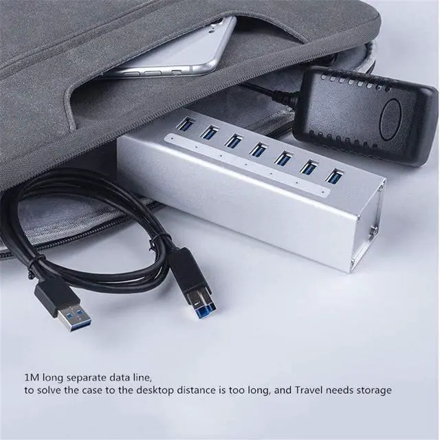 Alt view image 6 of 6 - WYKDL USB C Hub 7-Port USB 3.0 Extension Splitter Hub Powered Multi Port Portable Splitter Data Hub with 12V DC Power Supply Universal Laptop Docking Station Dual Video Monitor Display