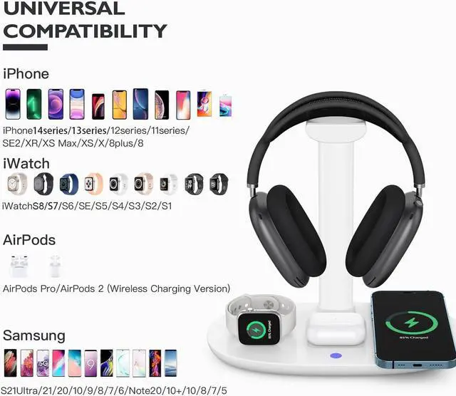 Alt view image 2 of 7 - Suguder Headphone Stand with 15w Wireless Charger, 4 in 1 Qi Charging Station Headset Holder for AirPods Max/Pro/2 iWatch 8/7/6/5/4/3/2/1/SE iPhone 14/13/12/11/XS/XR/X/8 Series for Desktop Table Game