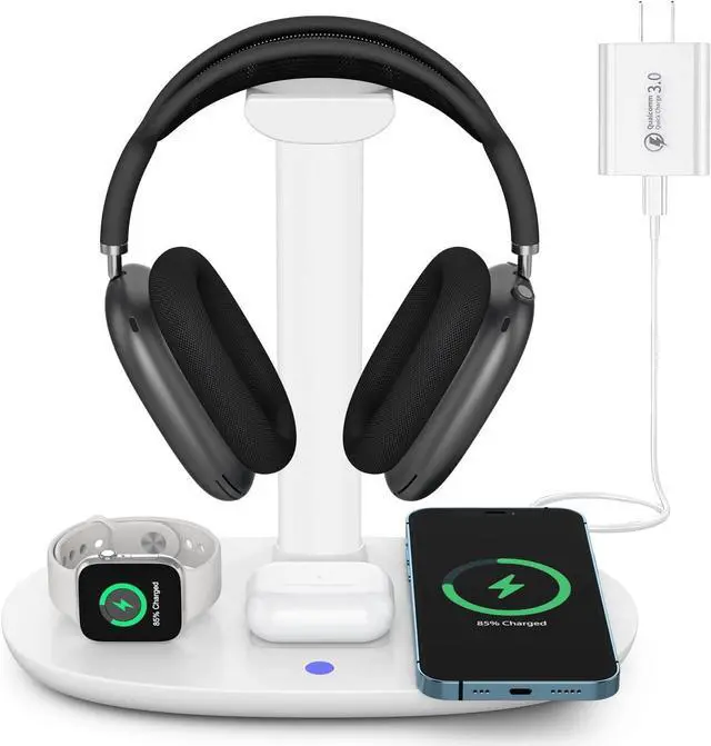 Main image of Suguder Headphone Stand with 15w Wireless Charger, 4 in 1 Qi Charging Station Headset Holder for AirPods Max/Pro/2 iWatch 8/7/6/5/4/3/2/1/SE iPhone 14/13/12/11/XS/XR/X/8 Series for Desktop Table Game