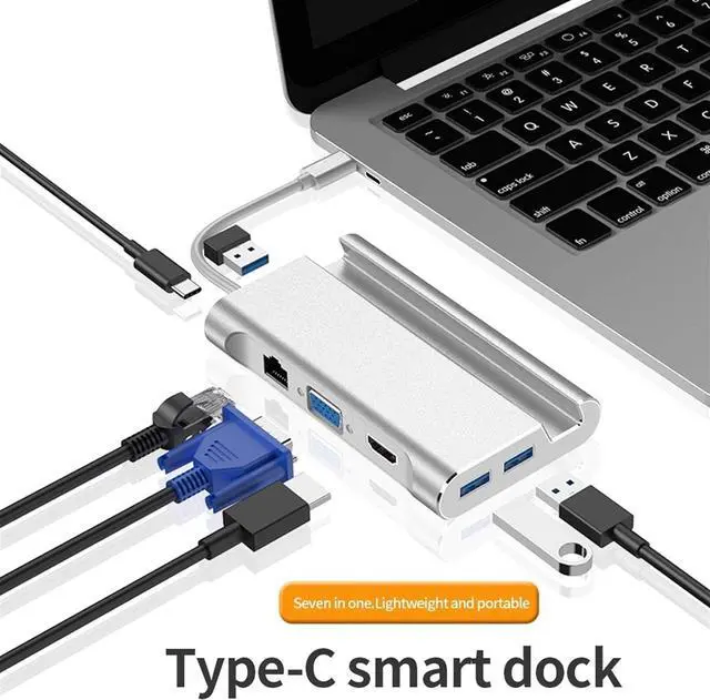 Alt view image 3 of 6 - YI-YU Gigabit HDMI 4K Dock Station Multi USB Type C Hub Data Transmission Converter Bracket VGA PD 7 in 1 Extension USB C Hub (Color : Silver)