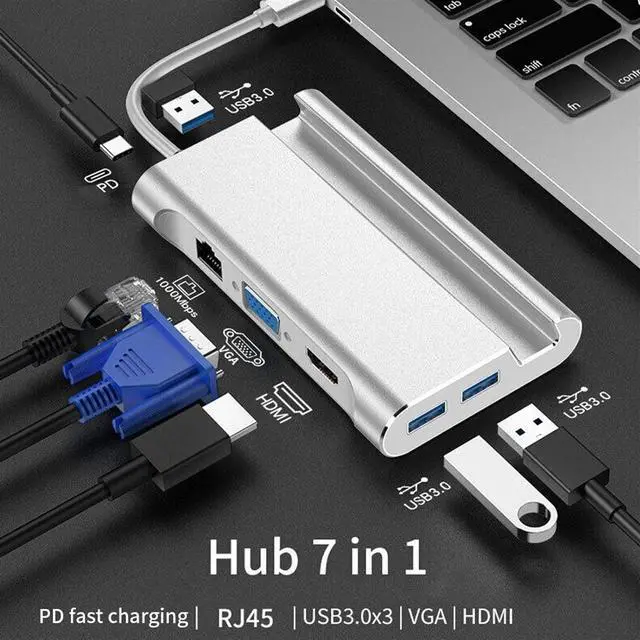 Alt view image 4 of 6 - YI-YU Gigabit HDMI 4K Dock Station Multi USB Type C Hub Data Transmission Converter Bracket VGA PD 7 in 1 Extension USB C Hub (Color : Silver)