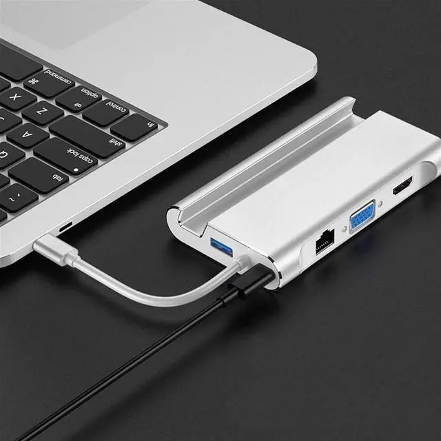 Alt view image 6 of 6 - YI-YU Gigabit HDMI 4K Dock Station Multi USB Type C Hub Data Transmission Converter Bracket VGA PD 7 in 1 Extension USB C Hub (Color : Silver)