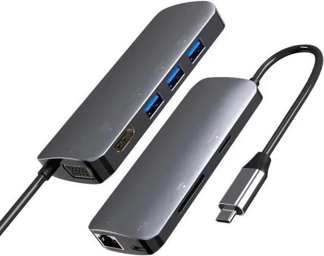 Main image of USB Type C Charging Dock USB C Hub,9-in-1 Type C with 4K HDMI,60HZ VGA, 1Gbps RJ45 Ethernet, 3 USB 3.0 Port, TF Card Reader,60W PD Charging Port for/Pro/Air and Type C Laptops