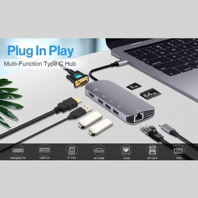 Alt view image 3 of 7 - USB Type C Charging Dock USB C Hub,9-in-1 Type C with 4K HDMI,60HZ VGA, 1Gbps RJ45 Ethernet, 3 USB 3.0 Port, TF Card Reader,60W PD Charging Port for/Pro/Air and Type C Laptops