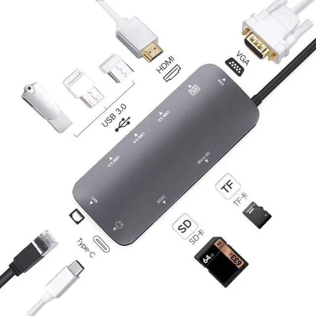 Alt view image 6 of 7 - USB Type C Charging Dock USB C Hub,9-in-1 Type C with 4K HDMI,60HZ VGA, 1Gbps RJ45 Ethernet, 3 USB 3.0 Port, TF Card Reader,60W PD Charging Port for/Pro/Air and Type C Laptops