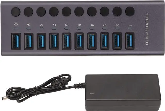 Main image of Powered USB 3.0 Hub, 10 Ports USB Data Hub Splitter with Individual ON Off Switches, 12V 5A Power Adapter USB Hub Splitter for Laptop, PC, Computer (US Plug)