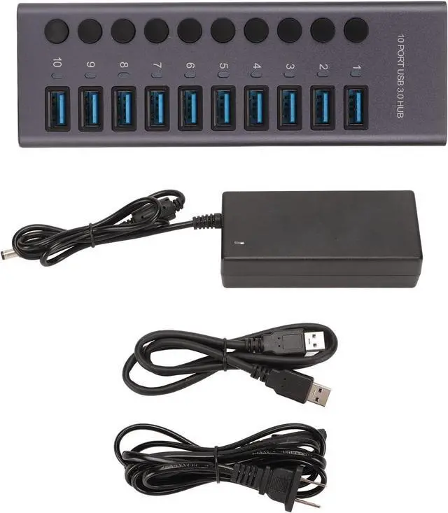 Alt view image 6 of 7 - Powered USB 3.0 Hub, 10 Ports USB Data Hub Splitter with Individual ON Off Switches, 12V 5A Power Adapter USB Hub Splitter for Laptop, PC, Computer (US Plug)