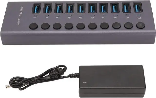 Alt view image 7 of 7 - Powered USB 3.0 Hub, 10 Ports USB Data Hub Splitter with Individual ON Off Switches, 12V 5A Power Adapter USB Hub Splitter for Laptop, PC, Computer (US Plug)