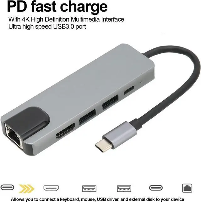 Alt view image 4 of 7 - 5 in 1 USB 3.0 87W PD Fast Charge Gigabit Ethernet USB C to High Definition Multimedia Interface USB C Adapter for Home Office Travel Compatible with MCB Pro Air and More, USB C Hub,
