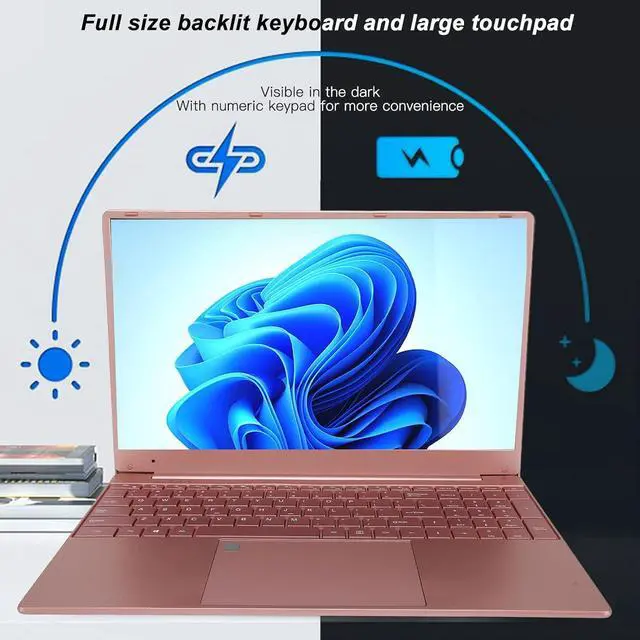 Alt view image 2 of 7 - 15.6 Inch Laptop, 2K IPS 1080P Laptop with Fingerprint Readerm Quad Core 2.9GHz CPU 12GB RAM 512GB ROM 7000mAh Battery for Win 10, Rose Gold (12+512G US Plug)