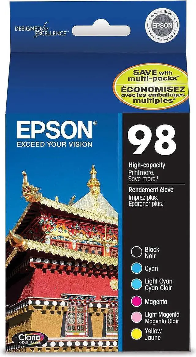 Main image of Epson T098120-BCS 98, Black and Colour Ink Cartridges, High Capacity, C/M/Y/Lc/Lm/K 6-Pack