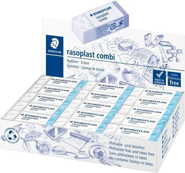 Main image of STAEDTLER Rasolplast Combi White and Blue Dual Duty Eraser, Box of 30, 526 BT30