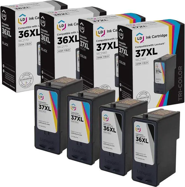 Main image of LD Remanufactured Lexmark 36XL / 37XL Set of 4 Ink Cartridges Includes: 2 18C2170 HY Black, & 2 18C2180 HY Color