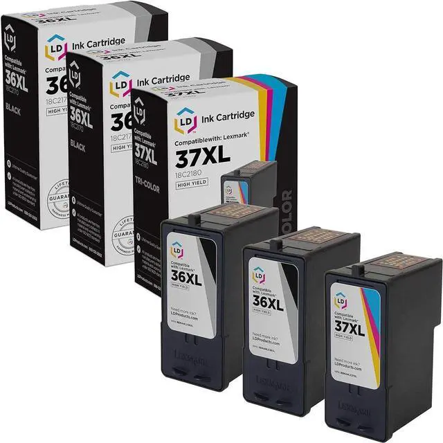 Main image of LD Remanufactured Lexmark 36XL / 37XL Set of 3 Ink Cartridges Includes: 2 18C2170 HY Black, & 1 18C2180 HY Color