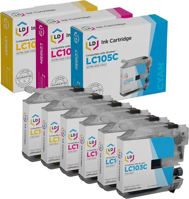 Main image of LD Brother Compatible LC105 Set of 6 Ink Cartridges: 2 Each of LC105C Cyan / LC105M Magenta / LC105Y Yellow for use ...