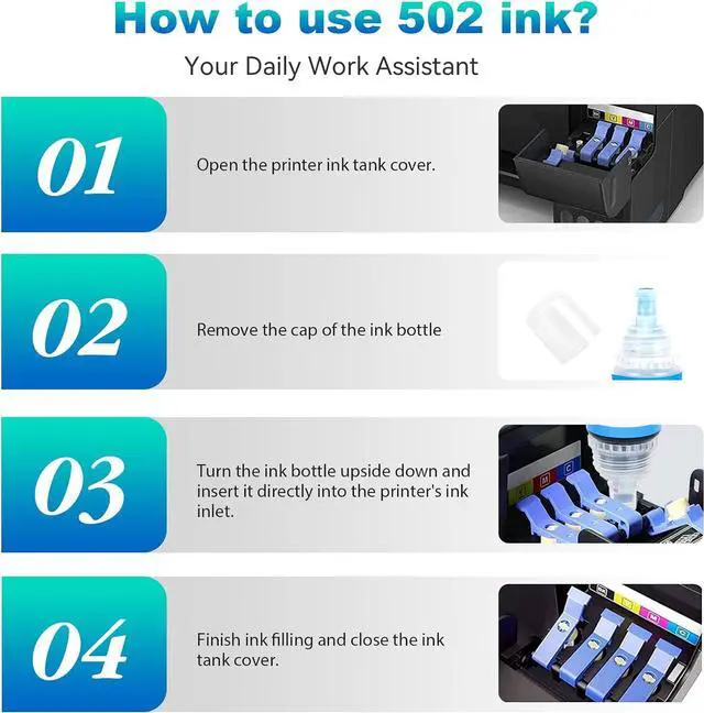 Alt view image 7 of 7 - 502 Ink Refill Bottles Replacement for Epson 502 T502 Refill Ink Compatible with EcoTank ET-2760 ET-4760 ET-3760 ET-2850 ET-3850 ET-2700 ET-4750 ET-3700 ET-2750 ET-3750 ET-3710 Printer (4 Pack)