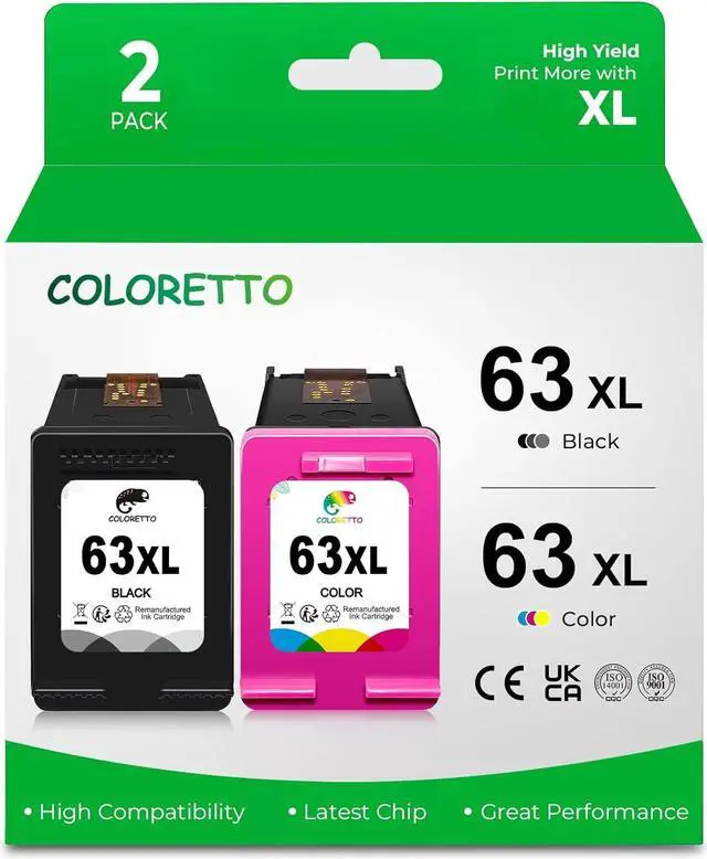 Main image of COLORETTO 63 XL 63XL Ink Cartridge Compatible with HP Officejet 3830 4650 3833 4516 4520 4522 4652 5255 5200 5222 Envy 4516 4522 Deskjet 3630 3632 2132 Printer 1 Black 1 Color 2-Pack