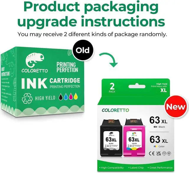 Alt view image 6 of 6 - COLORETTO 63 XL 63XL Ink Cartridge Compatible with HP Officejet 3830 4650 3833 4516 4520 4522 4652 5255 5200 5222 Envy 4516 4522 Deskjet 3630 3632 2132 Printer 1 Black 1 Color 2-Pack
