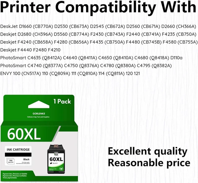 Alt view image 2 of 7 - High Yield 60XL 60 XL Black Ink Cartridge Remanufactured Replacement DeskJet D1660 D2530 D2545 F2430 F2440 F4235 F4240 F4280 PhotoSmart C4635 C4640 C4650 Printer Ink (1 Pack)