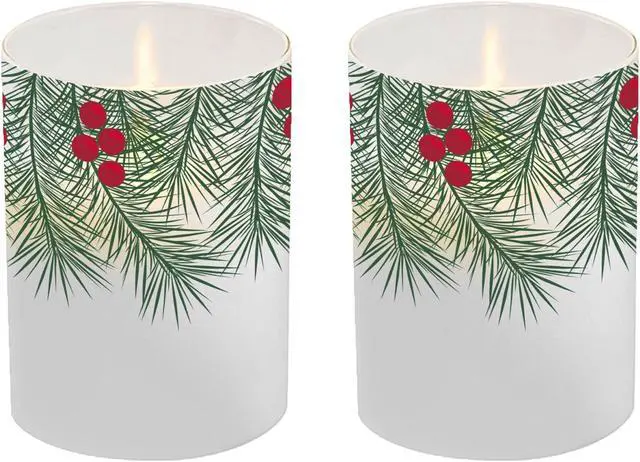Main image of Battery Operated LED Glass Candles with Moving Flame, Green Pines - Set of 2