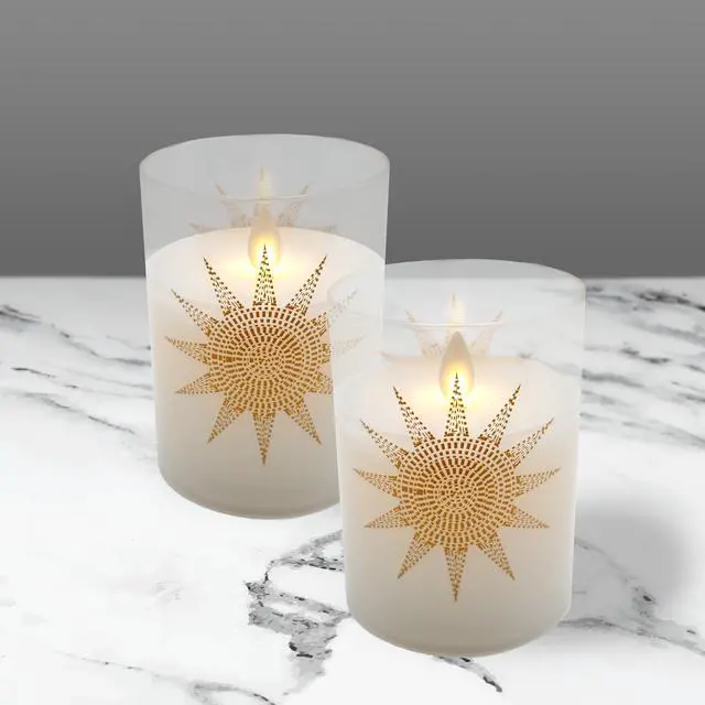 Alt view image 3 of 4 - Battery Operated Glass LED Candles with Moving Flame, Mosaic Sun - Set of 2