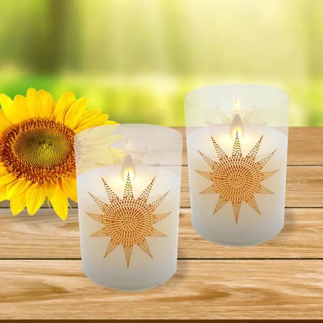 Alt view image 2 of 4 - Battery Operated Glass LED Candles with Moving Flame, Mosaic Sun - Set of 2